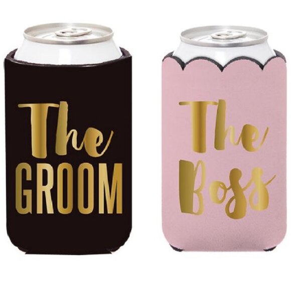 Set of 2 Insulated Can Koozie Cover for Weddings- The Boss (Bride) & The Groom - Picture 1 of 1